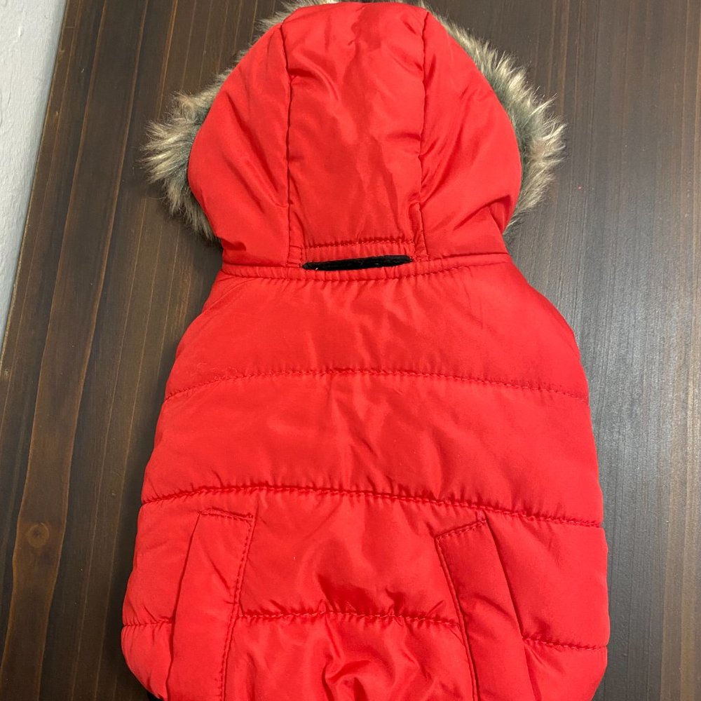 Frisco Dog Parka Coat with Faux Fur Lined Hood. Red. Size XS - Picture 3 of 5